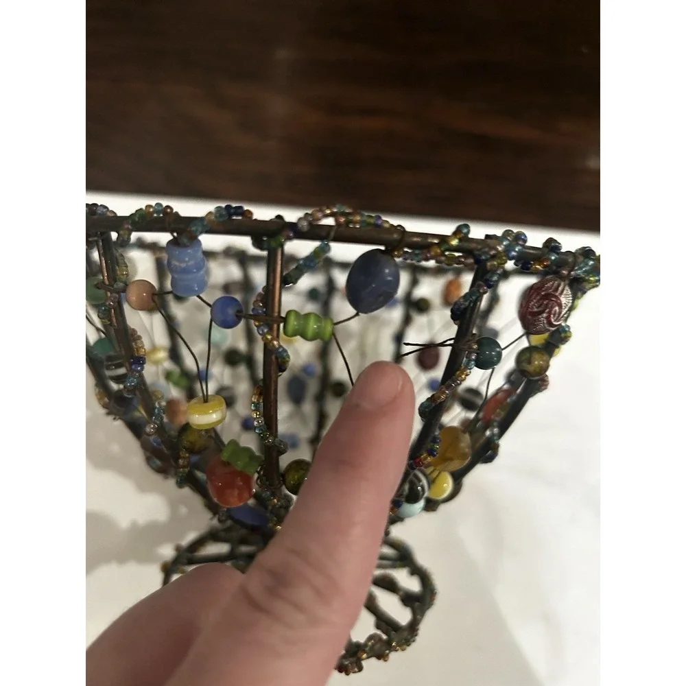 VTG Unique Beaded Wire Basket Boho Decor Shelf